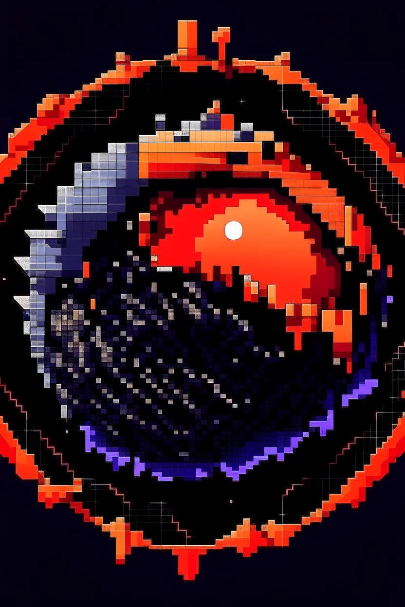 combining darkness and celestial elements. Feature a stylized eclipse at the center, with the moon partially covering the sun, casting claw-like shadows. Use deep purple fading into fiery orange-red. Surround the eclipse with jagged metallic shapes, make it 8bit and retro.