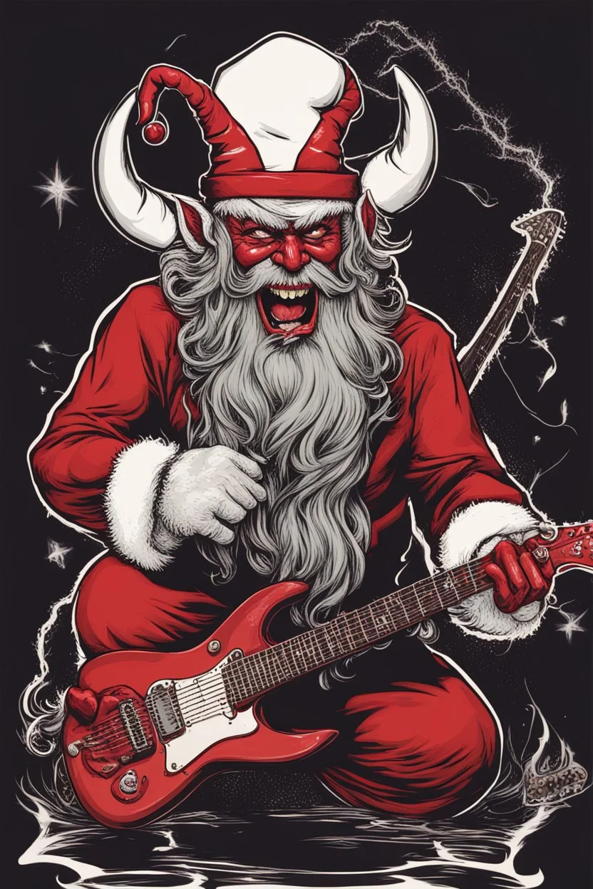 satanic santa claus with devil horns playing electric guitar