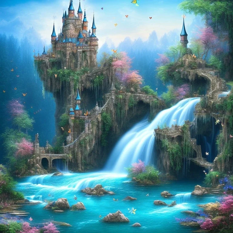 butterflies, turquoise river, waterfalls, blue airy castle