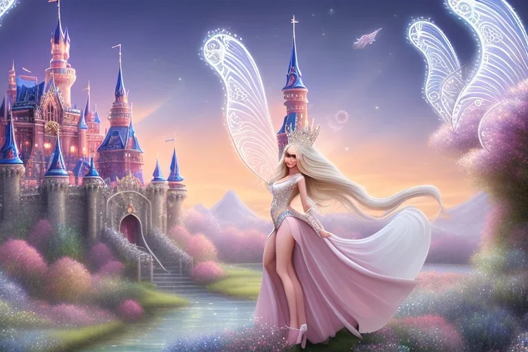 castle in background, beautiful, soft, big smiling, straight and long blonde hair, blues eyes, dewy and shiny atmosphere, diamond crown, long fairy wings in the back, full head, pink veil clothes