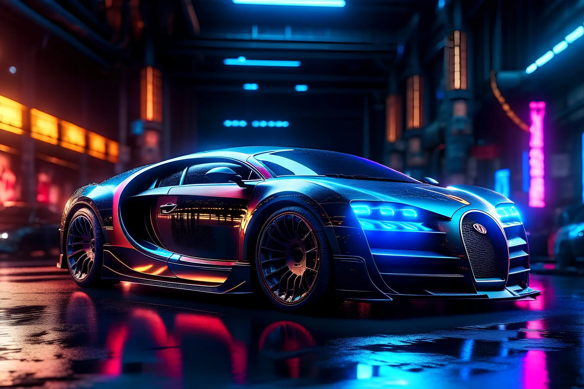 bugatti veyron center composition, ultra realistic,shiny, smooth, studio quality, octane render, Surrealism, Triadic colour scheme,glow-stick, ambient lighting,nightclub lighting, polaroid, 100mm, --ar 1:1 --v4 cyberpunk