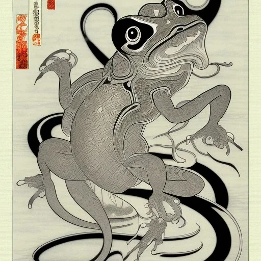 Ukiyo-e styled art, blacn and white frog