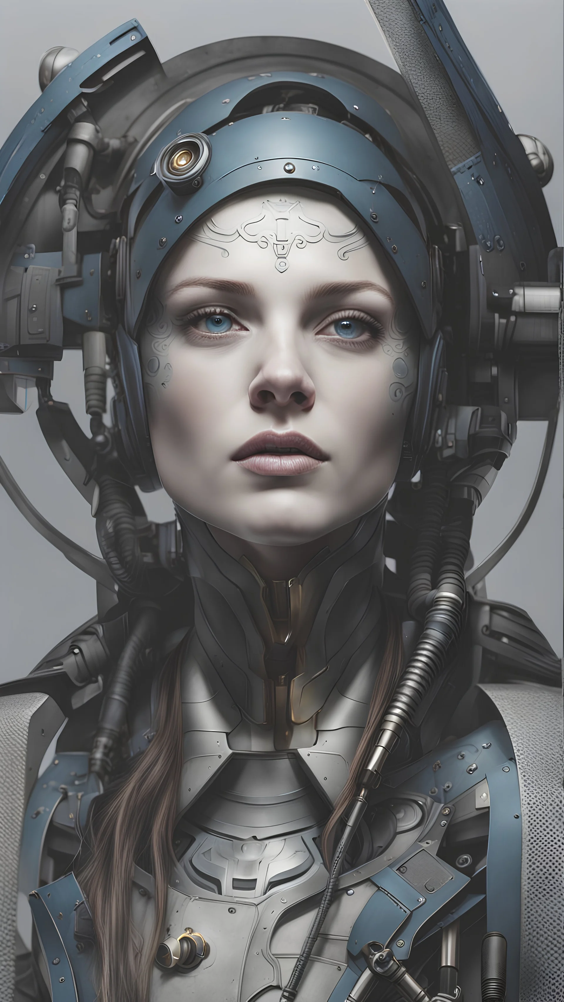 Cyborg female evolving | concrete floor | detailed | fine art | highly detailed | smooth | sharp focus | ultra realistic | full body portrait view, Mysterious,blue metal, smile