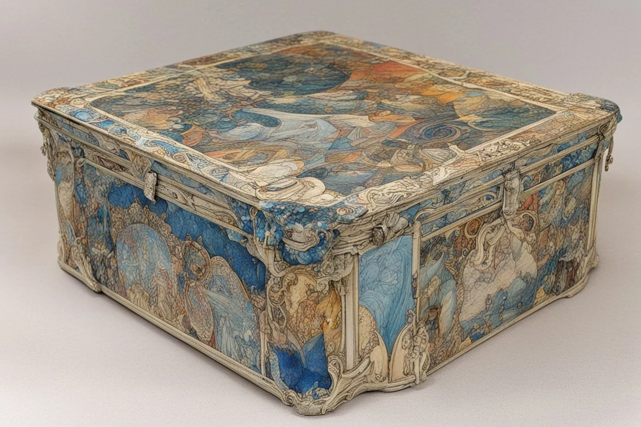 a box for storing things with beautiful drawings a lot of colours, detailed, angles, minerals, heaven,