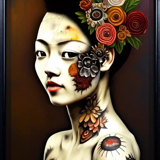 an abstract painting of rusted metal and flowers, beautiful smiling fullbody Yakuza Woman portrait, with fullbody japanese realistic tattoes, realistic,rust, scaffolding, iron cladding, decay, mixed media, textured, anatomically correct, beautiful perfect face, sharp focus, highly detailed by Johannes Vermeer 8k