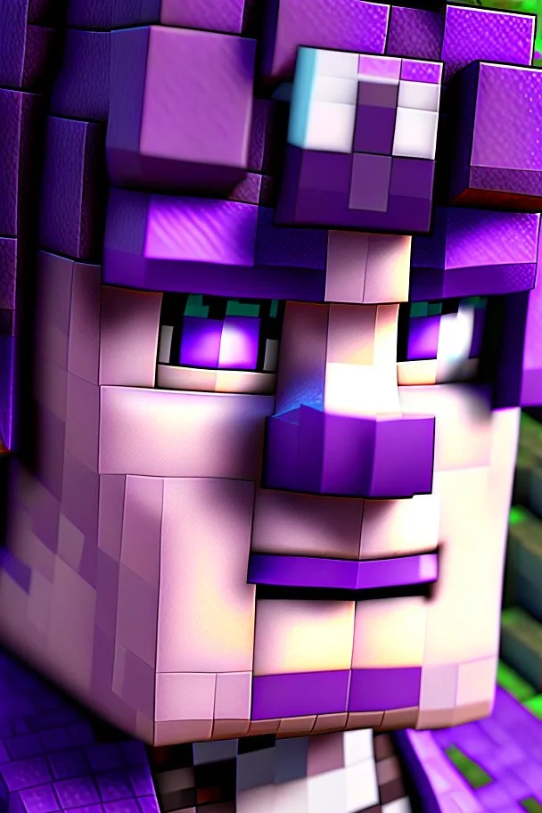 a close-up portrait of a purple Minecraft character, 3d, large pixel style