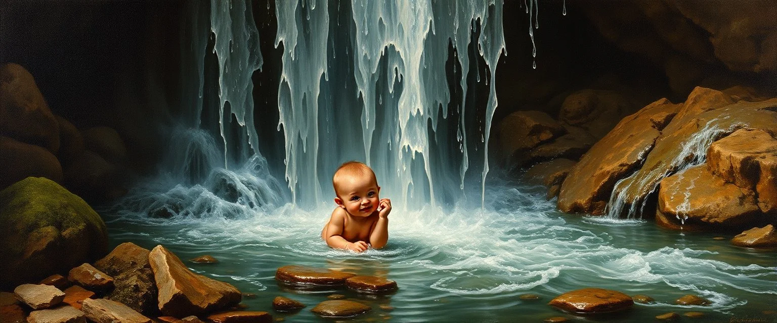 master oil painting by Rembrandt,cute blind trolls bading baby inside waterfall