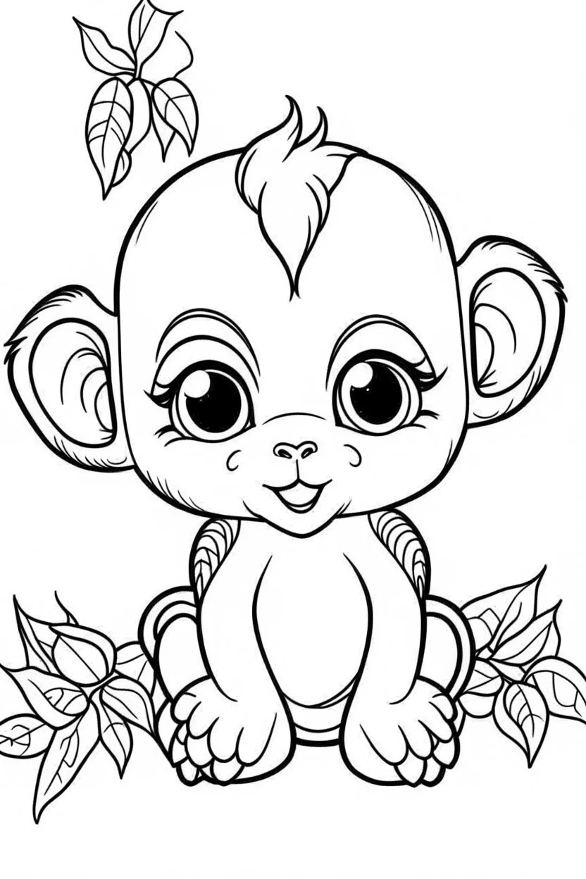 cute coloring page, sketch style, cute baby monkey in the jungle, cute cartoon, white and black, withe background, no shadows, outline.