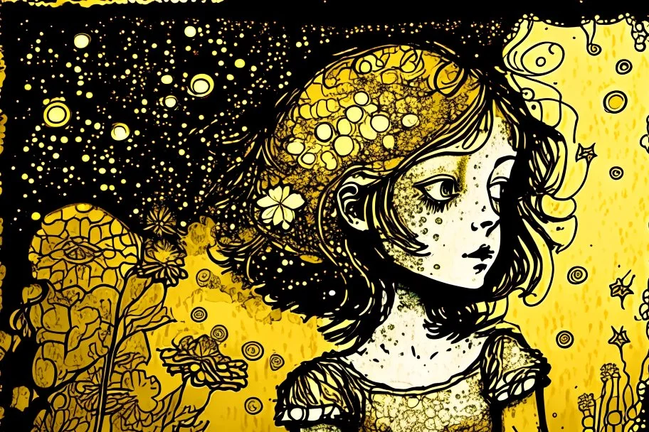 Beautiful girl's caricature in ochre and hydrangeas, looking skyward in wonder, nostalgia, battery corrosion, starry sky, garden, Mercury Glass patina, topographic lines, Art Brut, moody, somber, desaturated colors, in the style of Paul Klee, Arthur Rackham golden glitter ink outlines