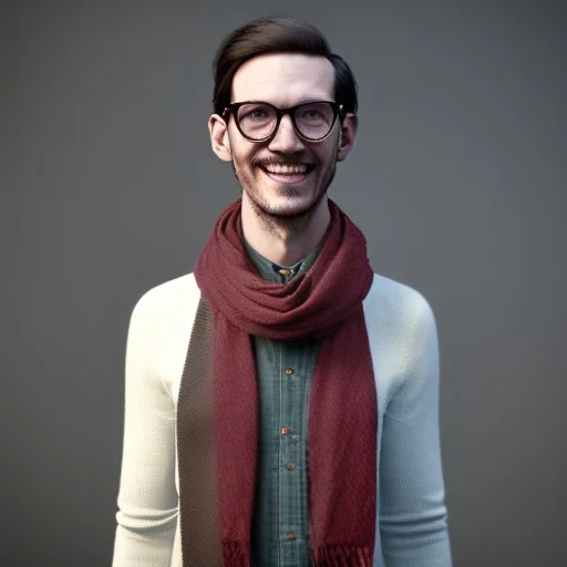 A hipster with a scarf and shades. He is tall, thin, and smirking