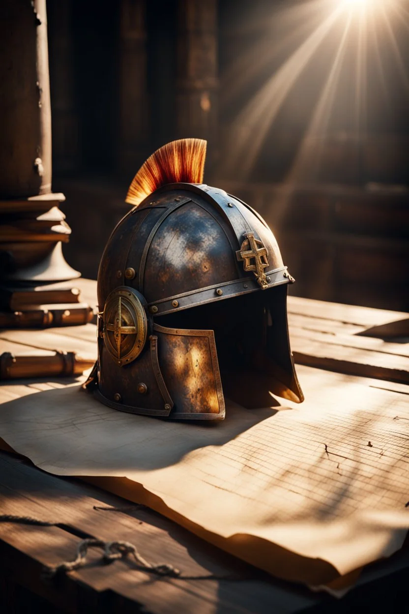 The Roman centurion's helmet lies on an old cracked wooden table. Next to the helmet, on the table, lies a cross on a string and a scroll of parchment. A ray of sunlight reflects off the helmet. All around is the entourage of ancient Rome. High quality image in 8K