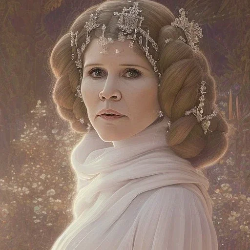 hyperspace background, complete and photo realistic detailed head to waist stunning photo realistic portrait of carrie fisher as Princess Leia in star wars with photo realistic updo hair by Mandy Jurgens and mucha and Richard Schmid and chuck close and chie yoshii, extraordinary and detailed ceremony dress of star wars,brown eyes