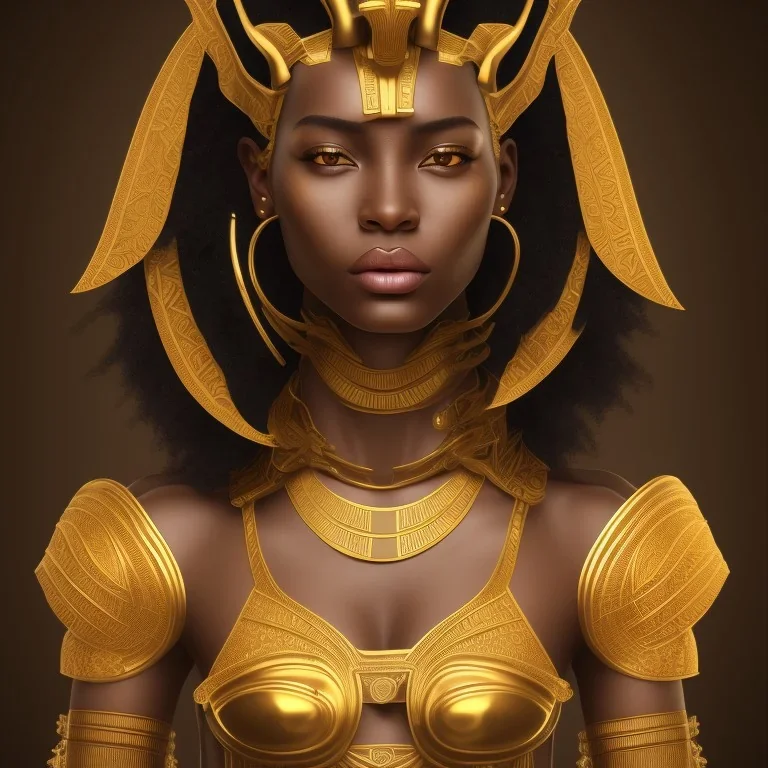 young african woman, short dark hair with golden highlights, ancient ((Egypt)),whole body, ancient armor, lion, golden jewelry, kente, flames as clouds, magnificent, majestic, highly intricate, incredibly detailed, ultra high resolution, complex 3d render,