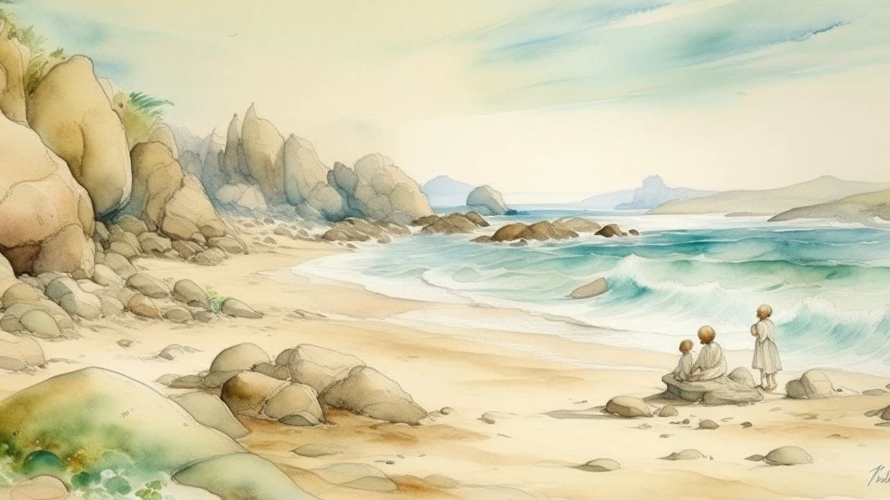 Image is a watercolor painting depicting a serene beach scene. The layout features a sandy shore with gentle waves in the background, bordered by rocky formations on the left. In the foreground, five figures are positioned on the rocks and sand, each with distinct poses. The figures have varying skin tones, from fair to light tan. One figure reclines on a rock to the left, with red hair and a relaxed posture. Two figures sit on a central rock, one with white hair and the other with dark hair, en