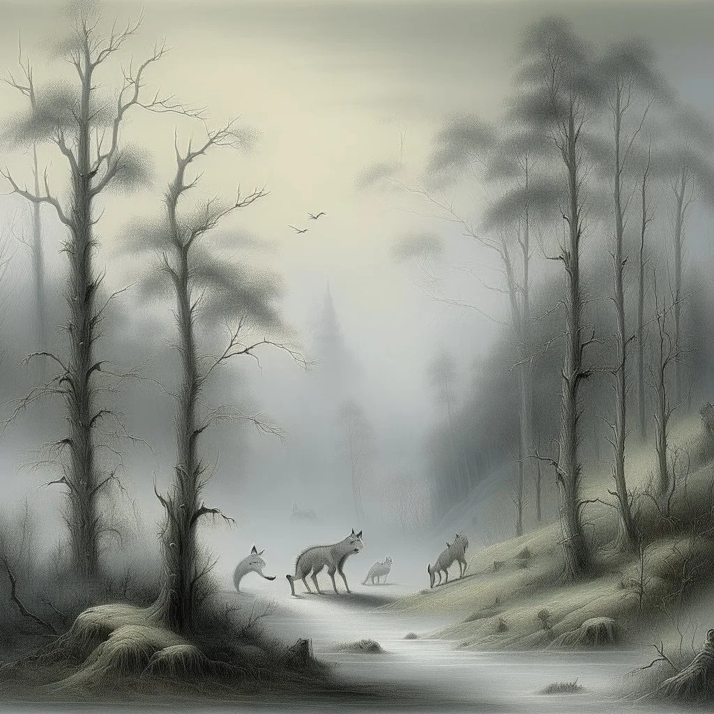 Gray woodlands with wolves, frogs, and centipedes painted by Ivan Aivazovsky
