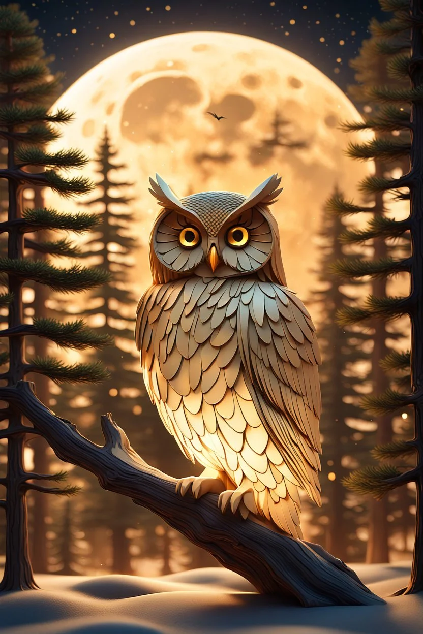 A captivating and mesmerizing 3D render of a striking minimalist silhouette of an owl, transformed into a nighttime scene. The owl's body is filled with a warm golden hue, representing a starlit sky and a radiant full moon. The center features a delicate, flying bird, symbolizing the owl's spirit. Beneath the owl, a serene landscape of pine trees and a resting owl unfolds, creating a sense of tranquility and harmony with nature. This enchanting illustration masterfully blends elements of wildlif