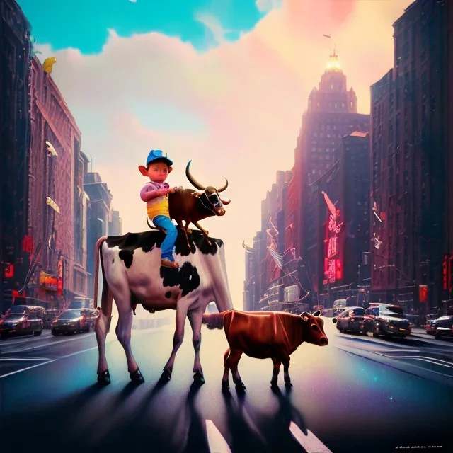 A one-year-old boy rides on the cow in the middle of a busy street in new york. photographic, bright colors and sunset, fantasy art, Anna Dittmann, digital painting, dan mumford, oil on canvas, jeff koons, akihito yoshida, wlop, kodachrome.