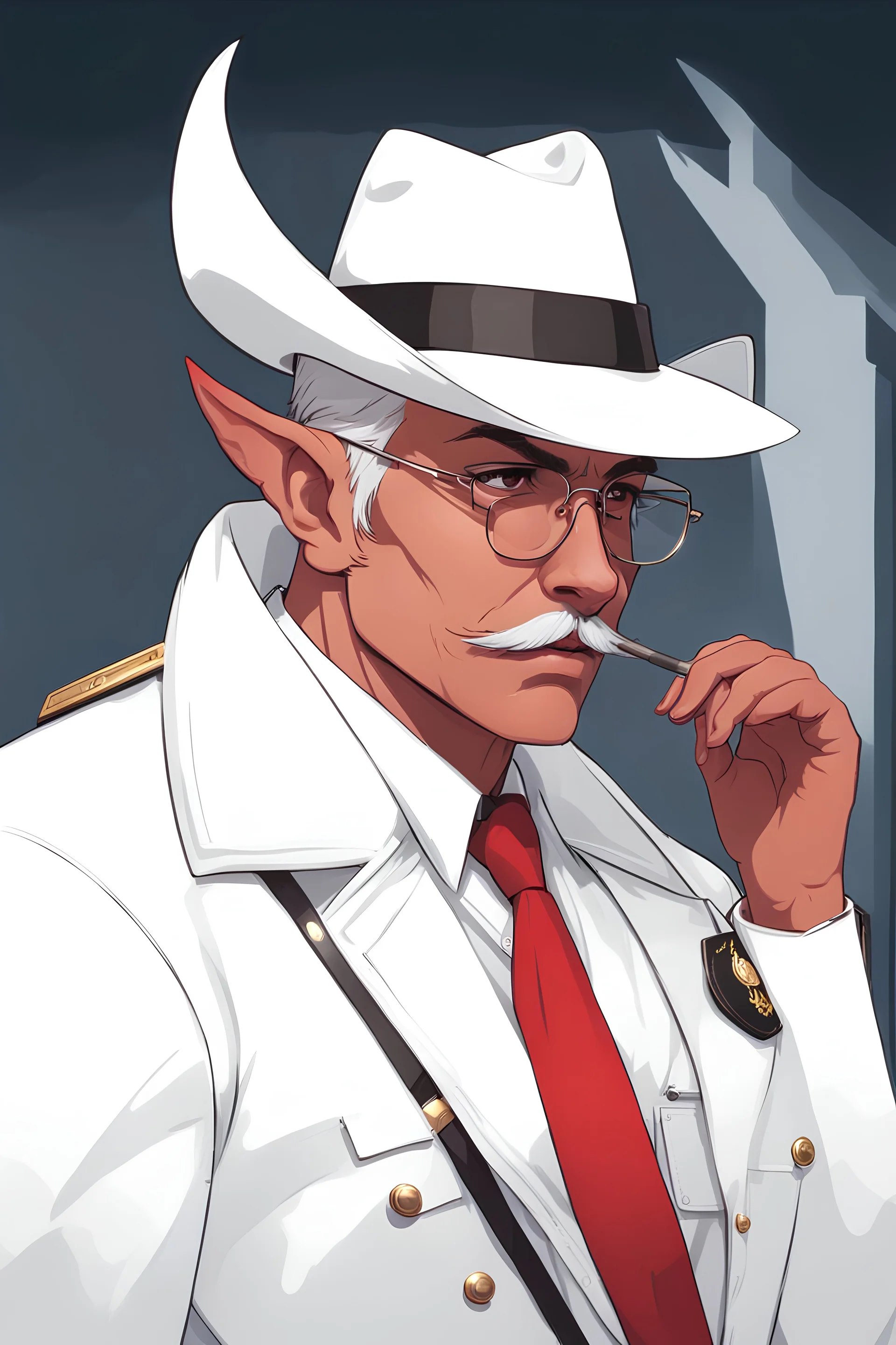 An old male crimson red tiefling wearing a white police comisioner outfit, he is also wearing glasses, he has a white scruffy mustache, and a small black fedora.