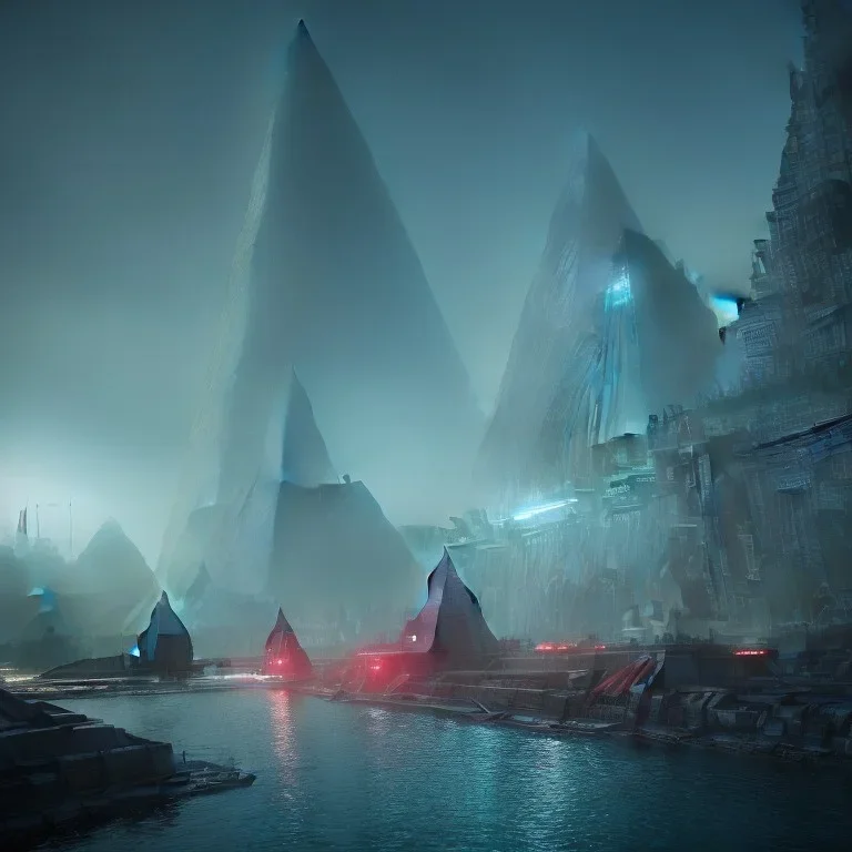 sci-fi city underwater with pyramids and ancient writings, mood is gloomy, colors include blue and red and green, shafts of lighting, mist, , photorealistic, , volumetric light, cinematic