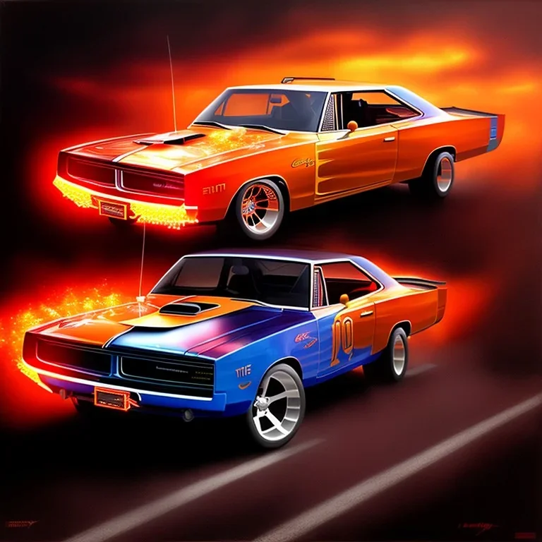 The general Lee car dodge charger, by drew struzan, epic lighting, highly detailed, twilight