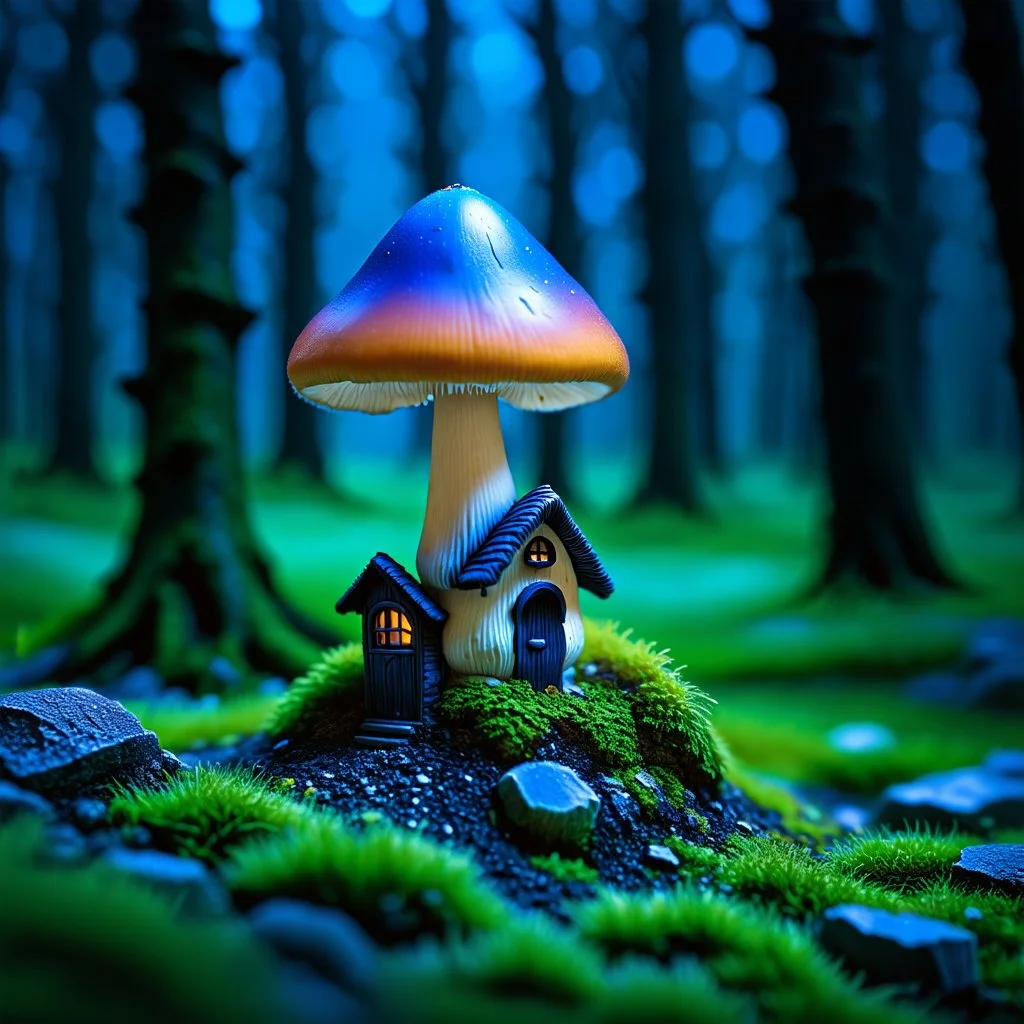 "Close up of a wonderful tiny Mushroom Tower home. blue and orange with bright white, deep black and contrasting tones of gray. Illuminated bioluminescent forest. Professional painter, master at composition. small but detailed. broken, blurred background, voluminous lighting"