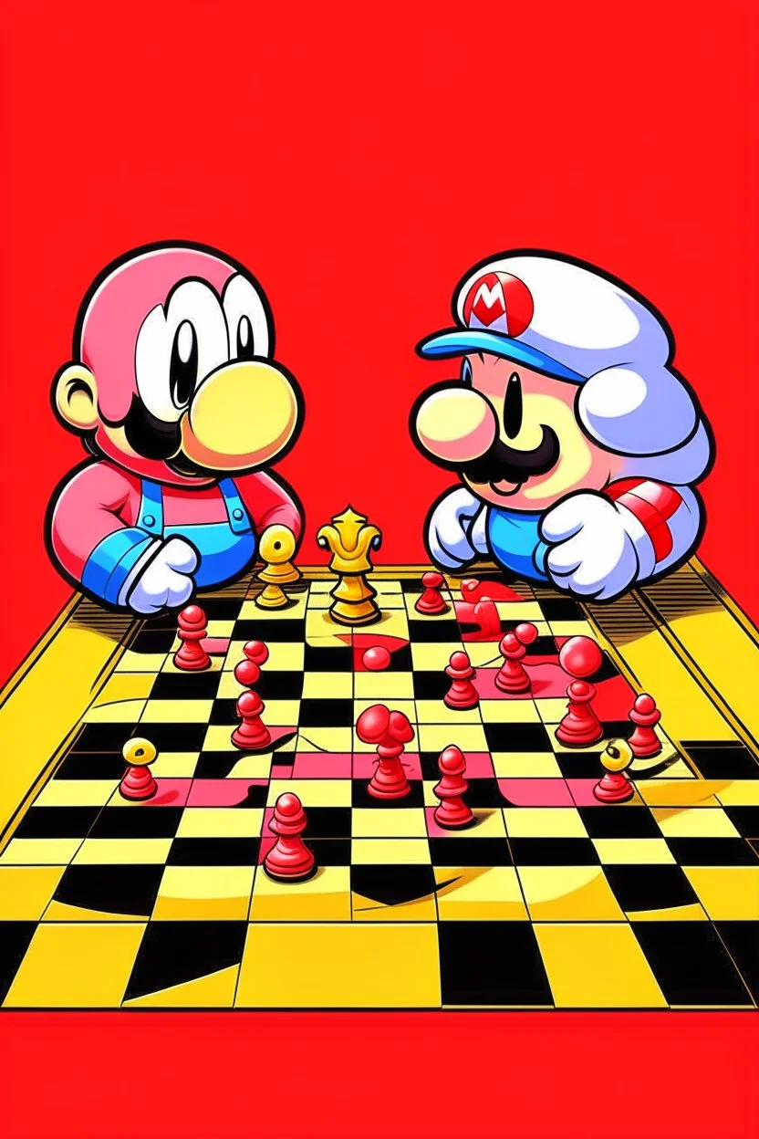 Super Mario playing chess against kirby.