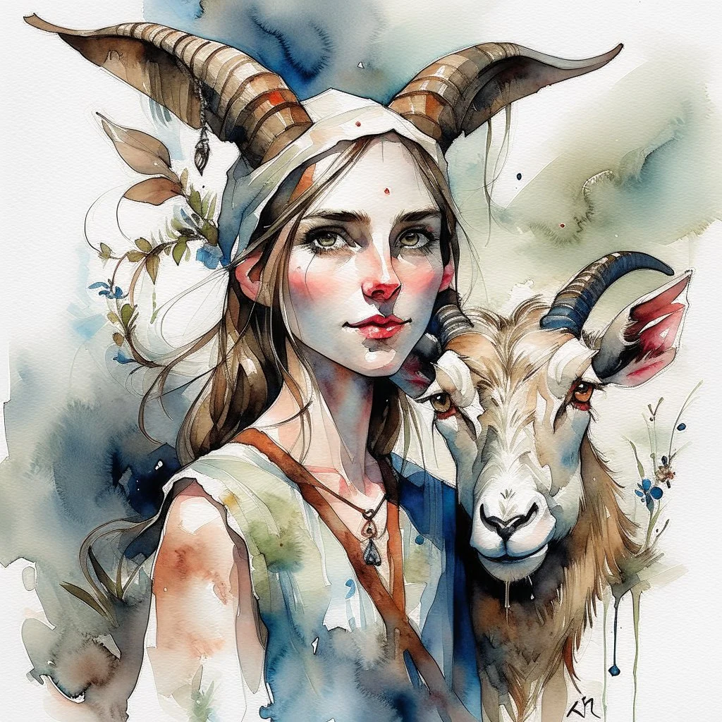 dnd, fantasy, watercolour, large strokes, stylistic, portrait, illustration, dull colours, female goat, acrobat