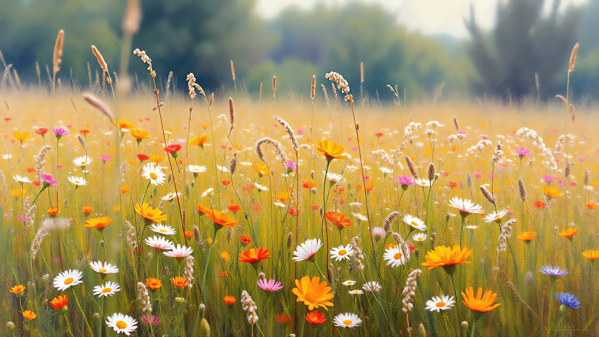 Realistic oil painting of a field of wildflowers, soft natural lighting, vibrant colors, intricate details by Thomas Moran and Claude Monet (wide shot), peaceful and serene atmosphere.