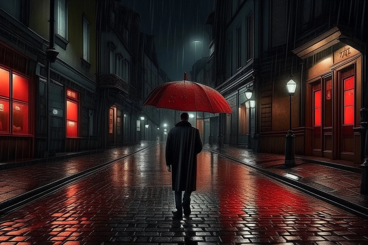 a man under a red umbrella, it's raining hard, it's night, lights from shops and a nearby hotel, cobblestone floor, small city square, 16K, realistic photography, he is alone in the city