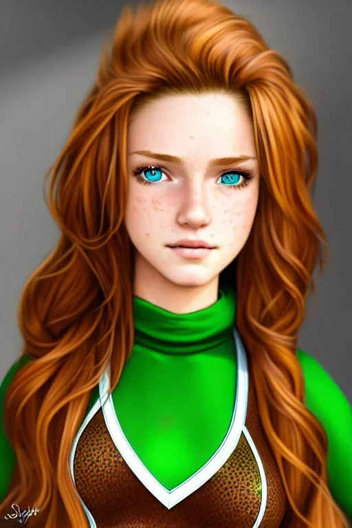 concept illustration, ultra-realistic, super-detailed, strikingly beautiful teen female, 16 years old, long ginger hair, green beautiful eyes, medium freckles, full lips, full body, full face, b-cup breasts, athletic, centred camera, ignore NSFW, skimpy brown armor, halter top, thong, stern expression