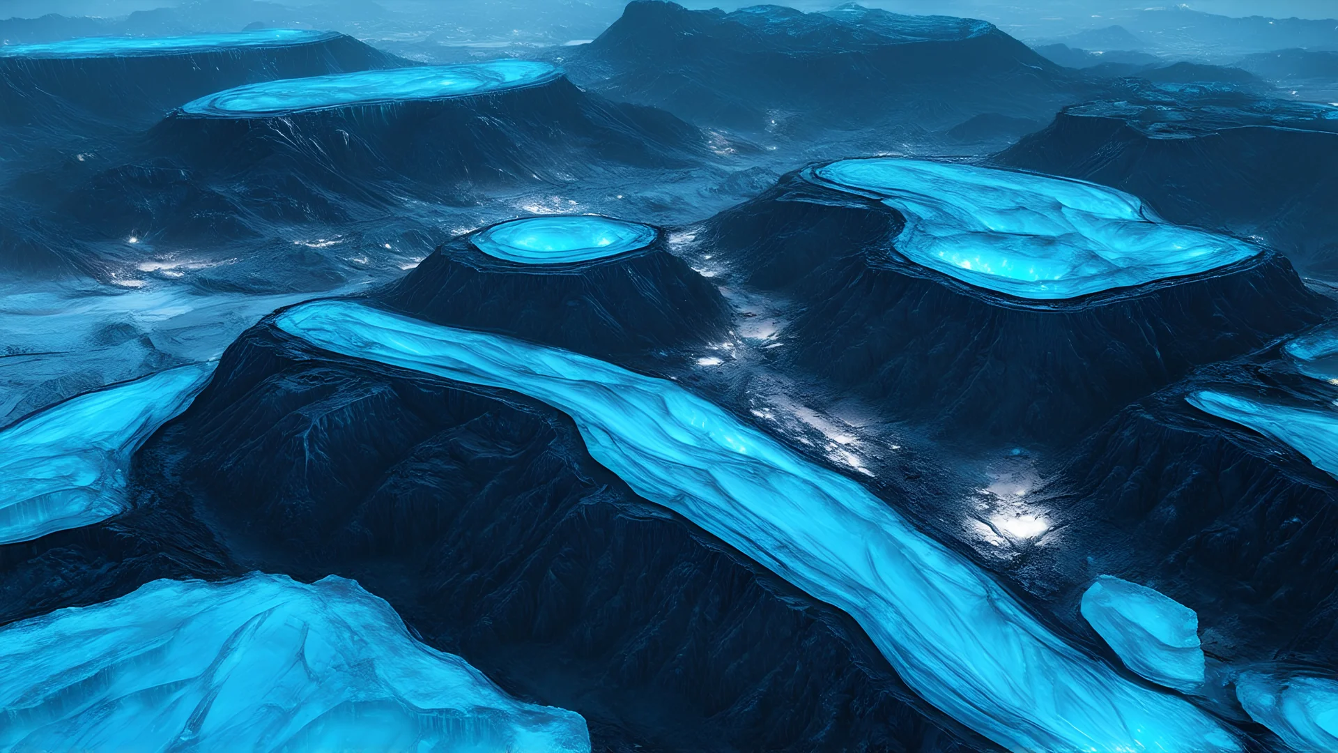 aerial view of a landscape made of ice that looks futuristic with futuristic lighting, realistic rendering, tar colors