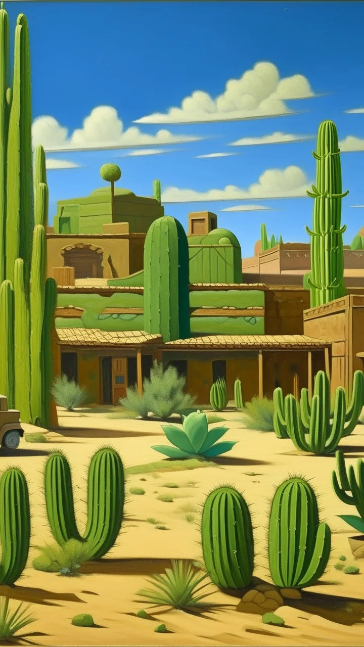 An olive green Western town with cactuses painted by Frank Lloyd Wright