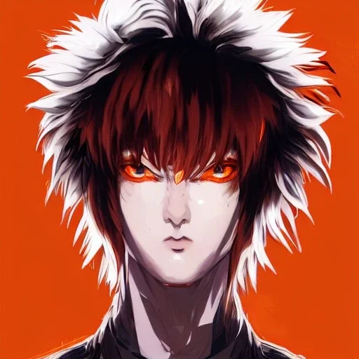 detailed anime boy, crimson red hair, wolf ears protruding out, orange colored eyes, white trench coat, intricate details, full body portrait, keep head in frame, slight smile with a single fang exposed, black Japanese motif, concept art, highly detailed, digital painting, concept art, sharp focus, illustration, art by Yoji Shinkawa, WLOP and greg rutkowski and alphonse mucha and artgerm and yanjun Chen and Junji ito and Makoto Shinkai, HDR, octane render