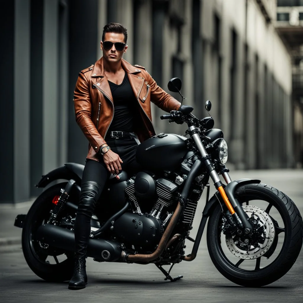 Handsome and muscular Biker sitting astride a motorbike wearing a leather jacket and dark sunglasses