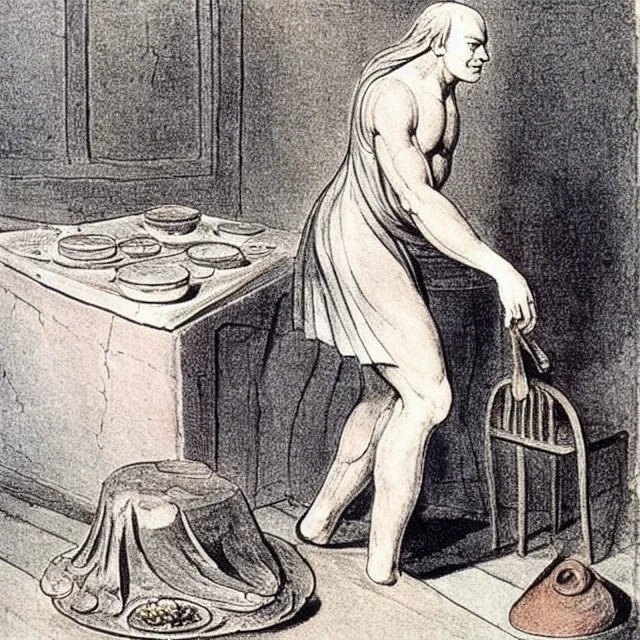 William Blake in a French maid's outfit slaving over a hot stove.