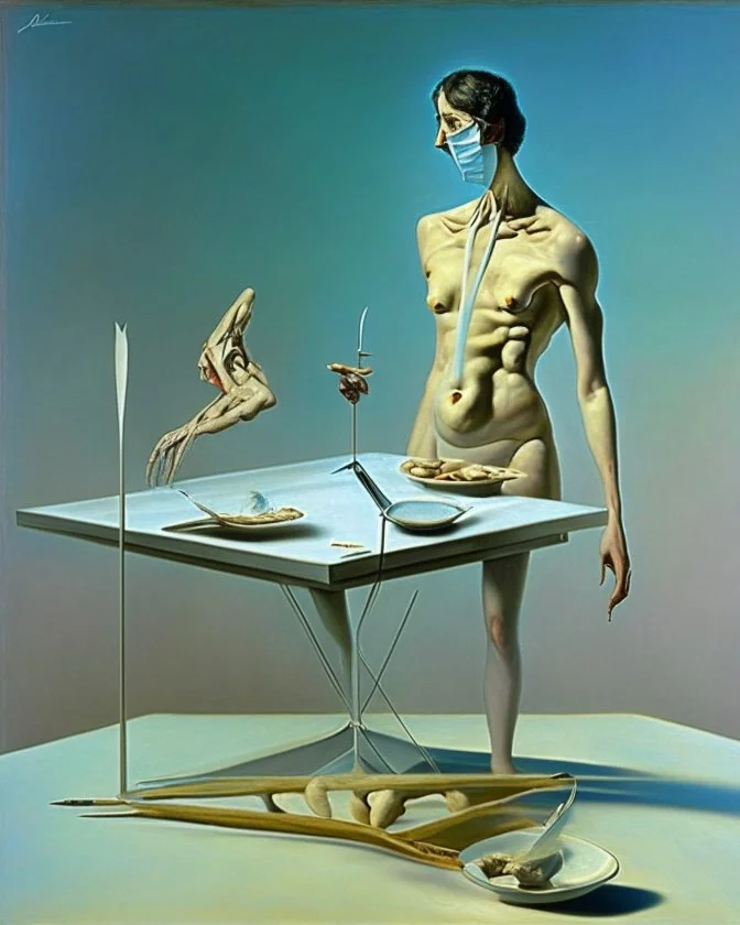 human body, universe-like complex surgical instruments mixed with human body-like table,symbolism,surrealism,minimalism,Painting By Adrian Ghenie, Rene Magritte, Salvador Dali, Lucian Freud