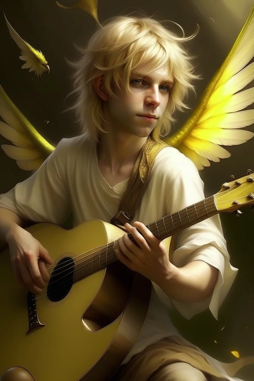 fee, männlich, Libellen-Flügel, hellblondes, fast weißes, unordentliches Haar, Laute spielend, lange spitze Ohren, goldene Augen, realistisch, kindliches aussehen
