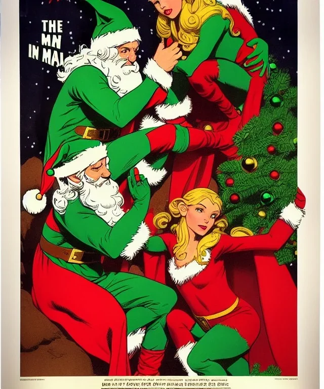 two elves. woman and man. Christmas scene. poster. marvel comic. low-key