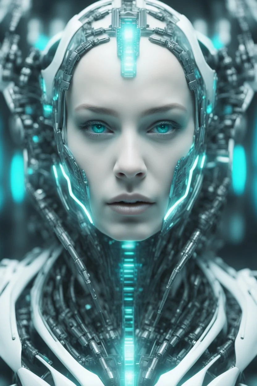 portrait of futuristic bionic kyborg woman, front view, symetrical photo, luminescent synthesis, biopunk, sci-fi, intricate details, light abstract blur background, white, cyan reflections, --ar 3:4 --style raw --stylize 350 --v 6