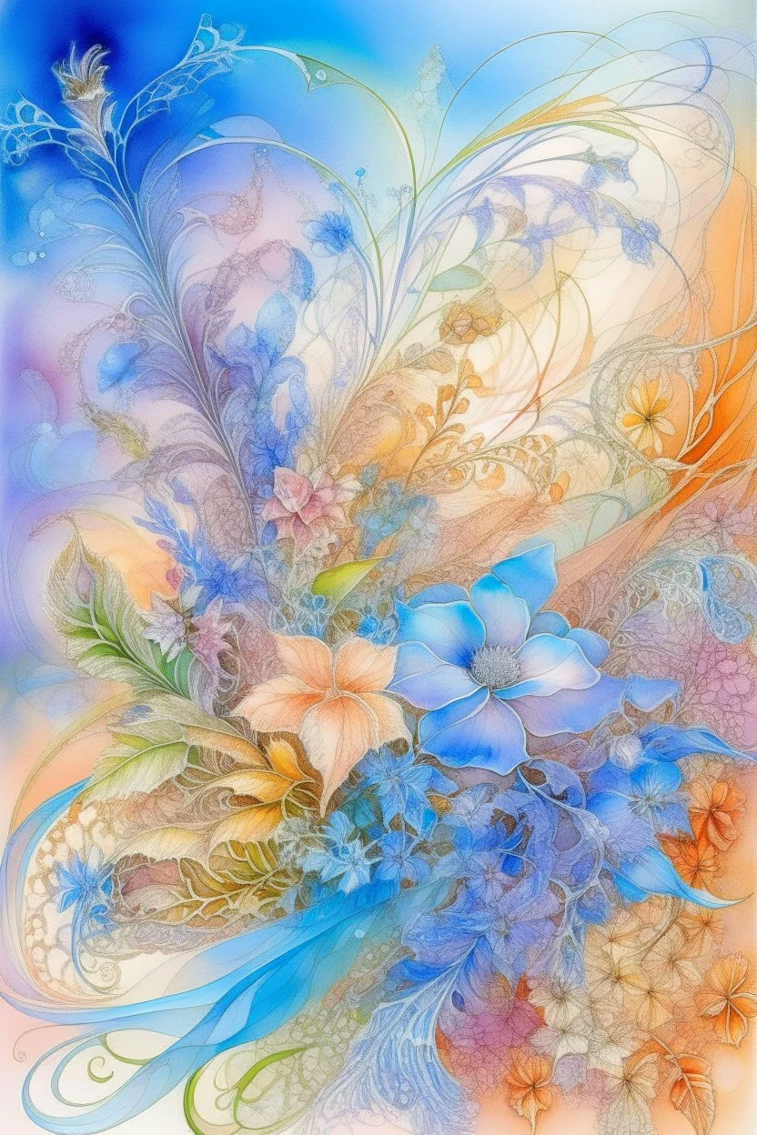 watercolor with rendering, glitter, fantastic delicate translucent flowers, translucent fabulous bouquet, filigree, foxtail, gypsophila, irises, lilac, neon, pastel tones, mint, peach, pearl fastening, filigree, UHD, hyperdetalized, macro photography, lots of details, three-dimensional drawing, botanical, ultramarine haze, high quality, yulsemia,