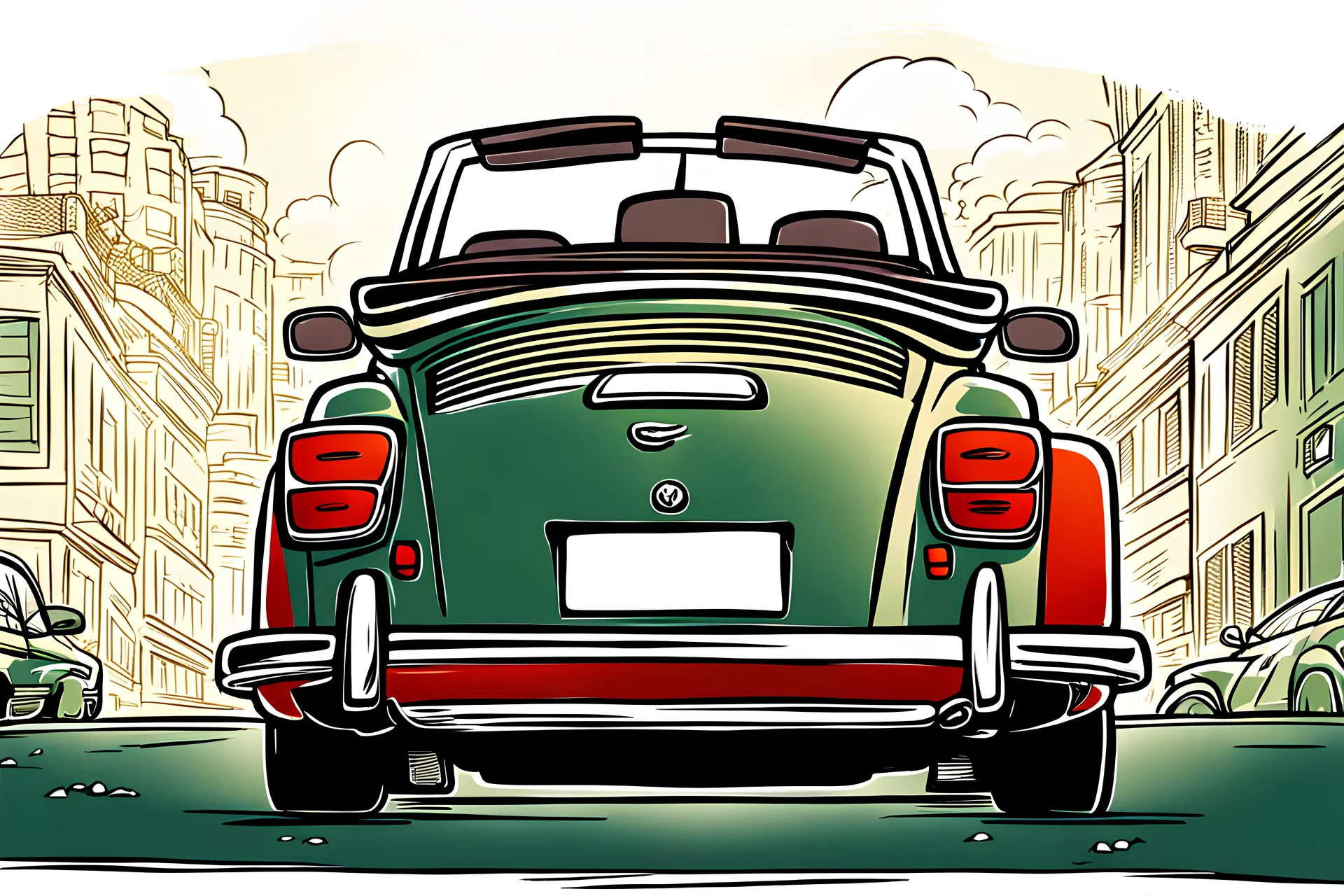 comic style, the back of a cabriolet car