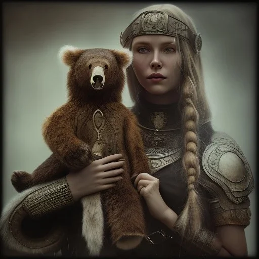 A viking girl and her bear, hr giger, scary, steam punk, realistic, made in octane, cinematic, ultra-realistic, extremely detailed octane rendering, 8K, VRAY Super Real ar 2:3, dof photorealistic futuristic 50mm lens hard lighting dark gray tintype photograph, realistic lighting, sepia color