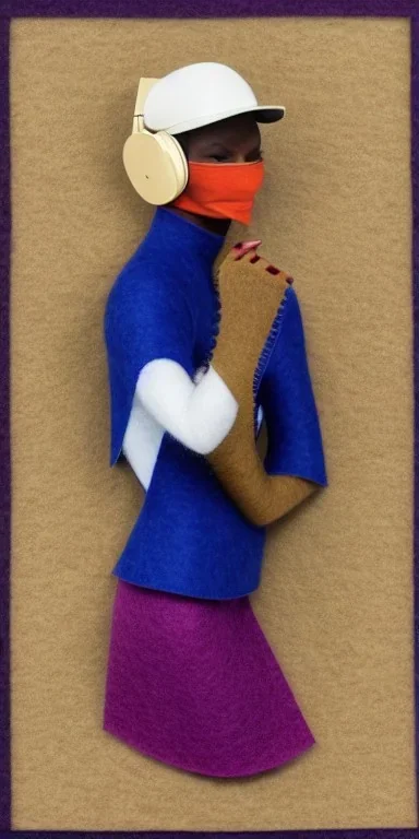 Whole woman in the image. she has plum-blue-magenta-camouflage mantel and simple orange felt bolero.Felt cloth visor with tippet cobalt blue. SMALL FELT CAP is merged to Old AKG headphones with recognizable Golden rings! cloth materials are denim and felt cloth mixed. Fashion 2023. Colors: Cream white, zinc plate, red ochre, ochre, orange - all mixed. Thick tights. Thick calves. She is in figure from top to toe.