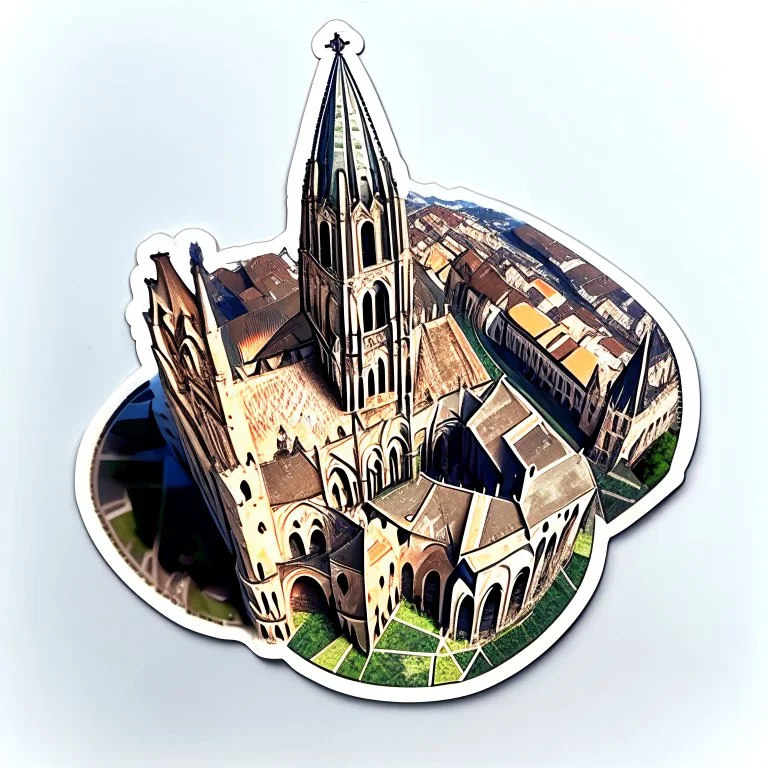 aerial view digital artwork of a medieval cathedral as a sticker