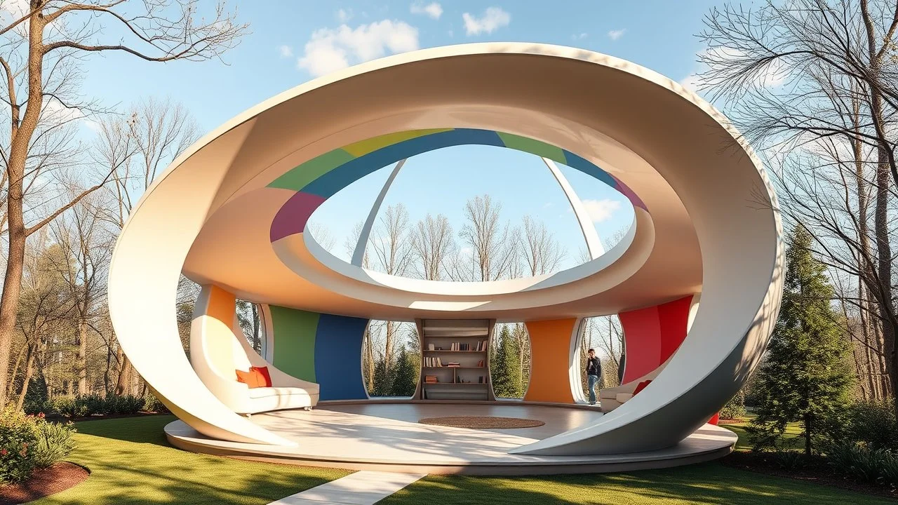 A beautiful unique pavilion shaped like a lemniscate (figure-eight curve), with a continuous flowing loop that creates interconnected spaces. The roof gently rises and falls in harmony with the curve. The structure is decorated with rainbow colors. Large, open-air windows allow natural light to flood into the building. The interior features rounded, organic forms that follow the curve of the lemniscate. The effect is calm, comforting, protective and delightful. Award-winning photograph