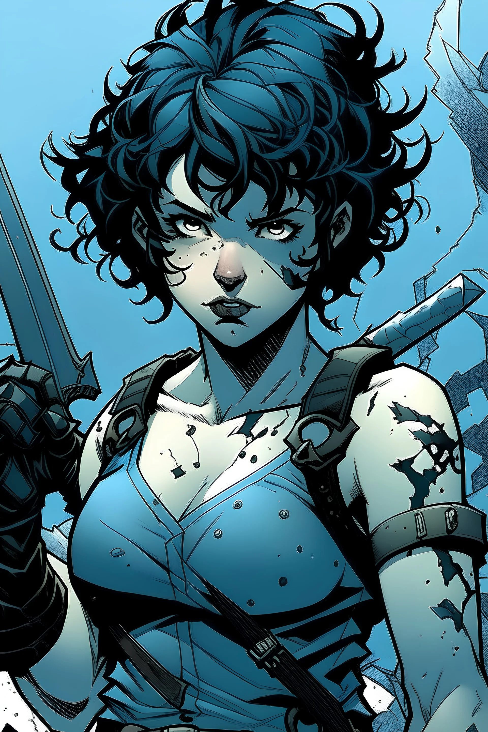 comic book, goth fem teenager with short curly black hair, tall and muscular built, ashy tanned complexion, aqua blue eyes and full lips. she's is mostly angry and angsty, loves crosses, fights with a chainsaw