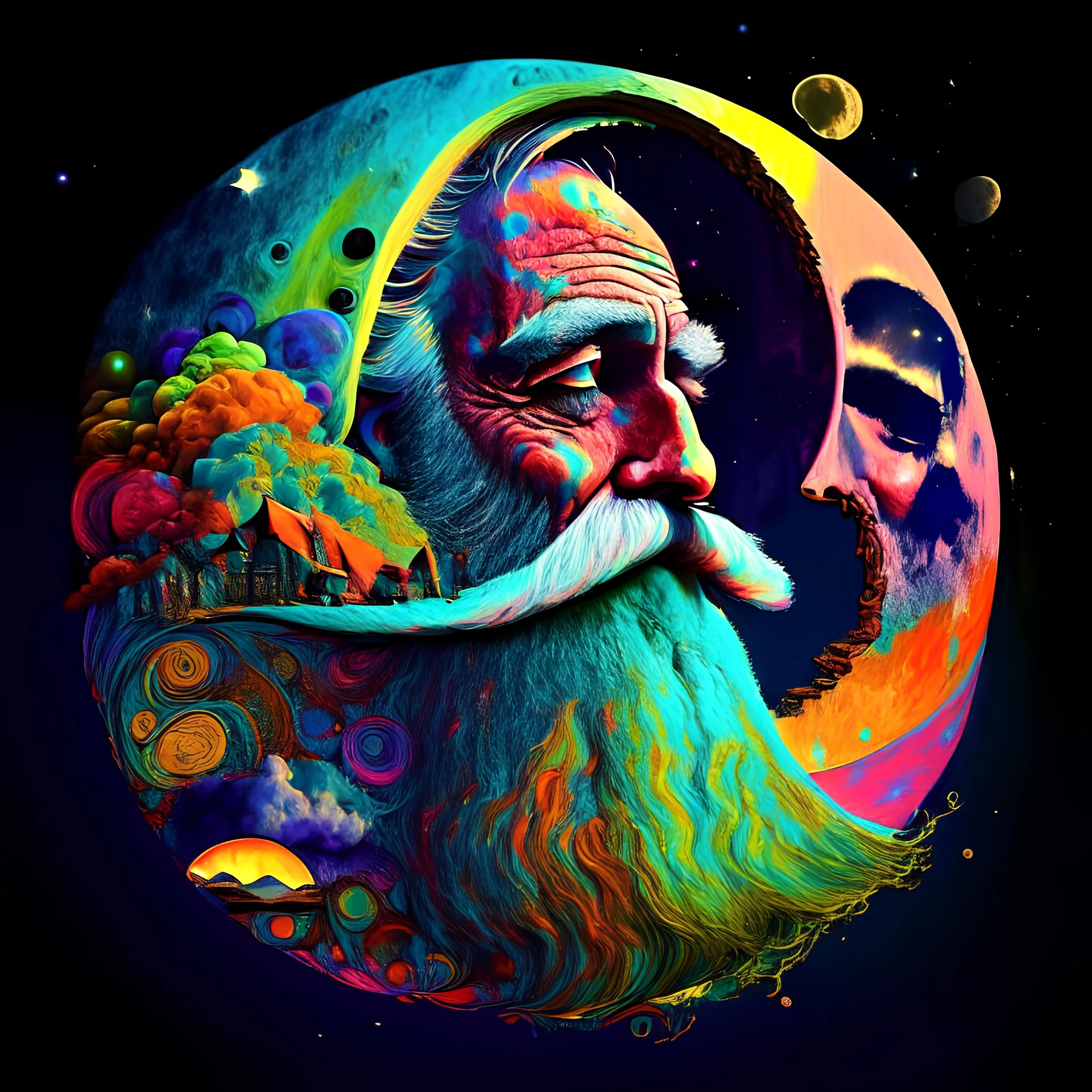 Super colorful complmentary deep vibrant colors By Alexander Jansson, Surreal image of a huge 3D crescent moon in the sky, the moon has an old man's face and beard.