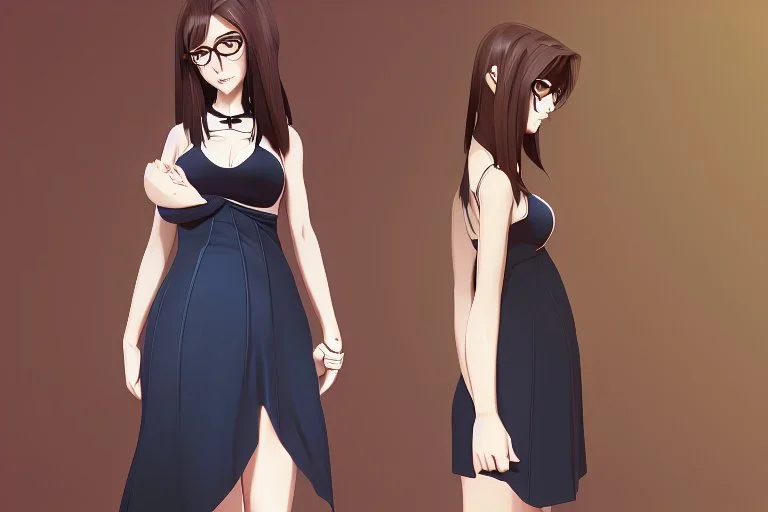 full body of a brown haired anime manga pregnant girl in dark blue dress with eyeglasses