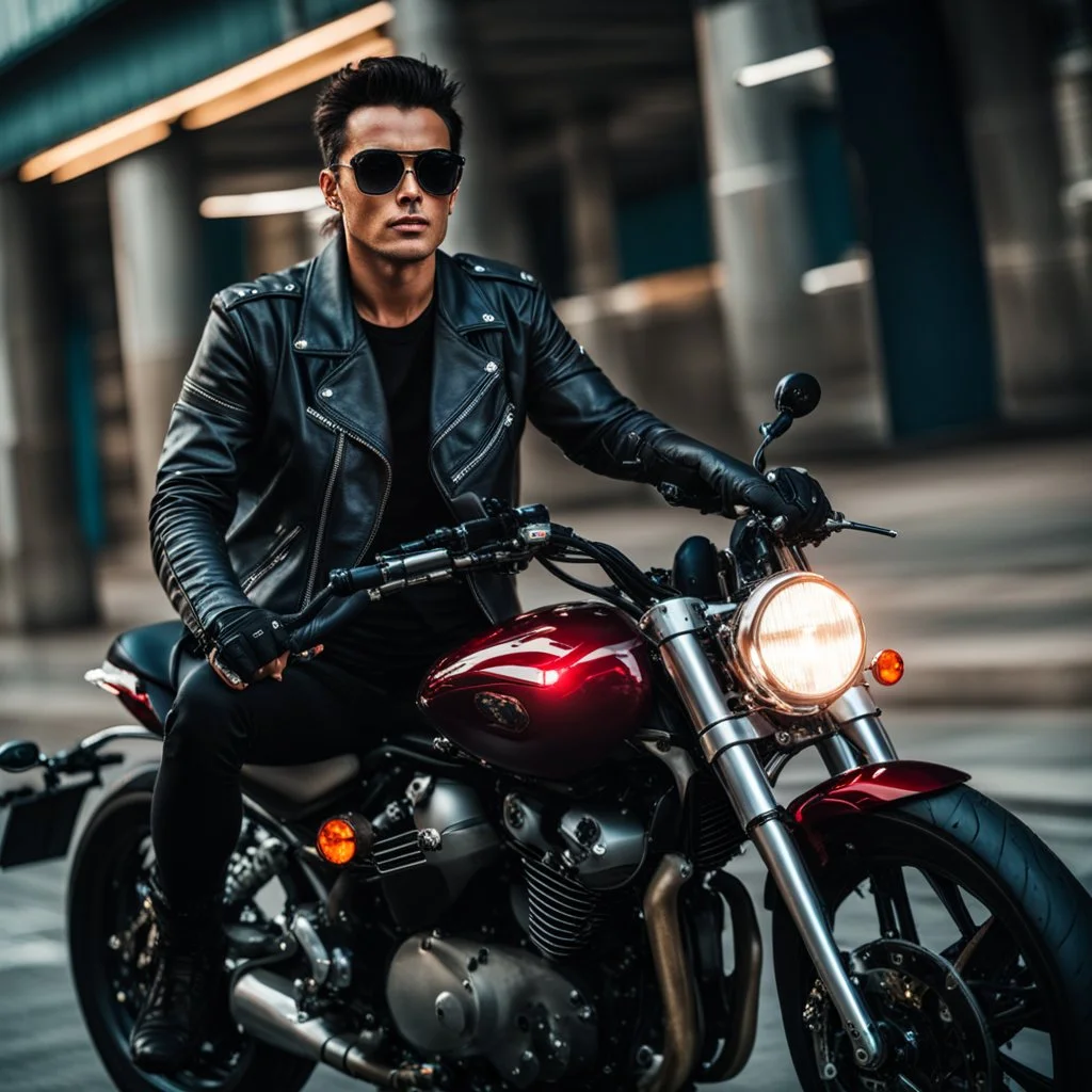 Biker sitting astride a motorbike wearing a leather jacket and dark sunglasses