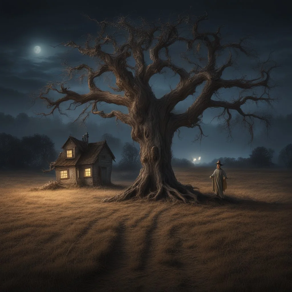 Hyper Realistic Field & dry old tree at night with scarecrow & broken cottage